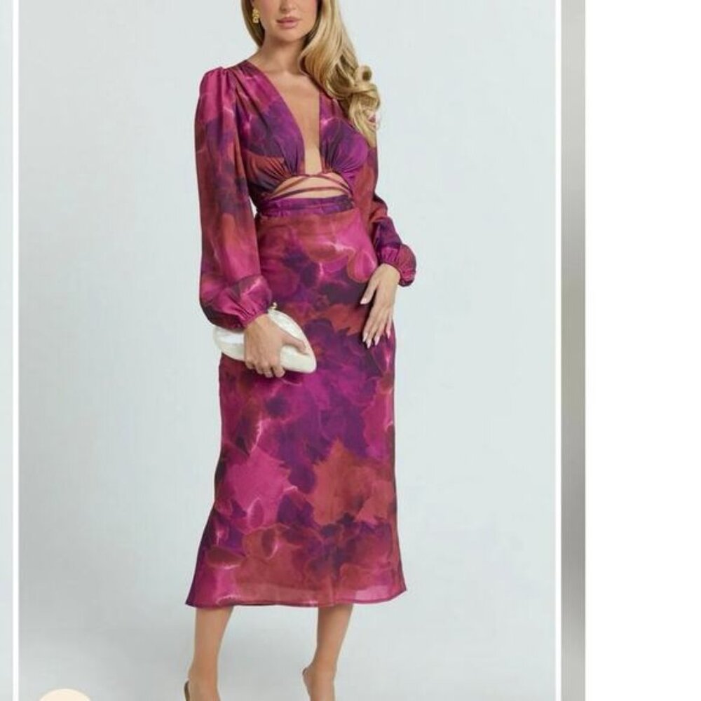 SHOWPO. Artola Front Cut Out Midi Print Long Sleeve Dress NEW
